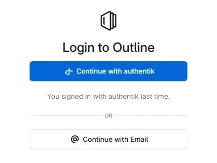 صفحة Login to Outline مع زر Continue with authentik وزر Continue with Email