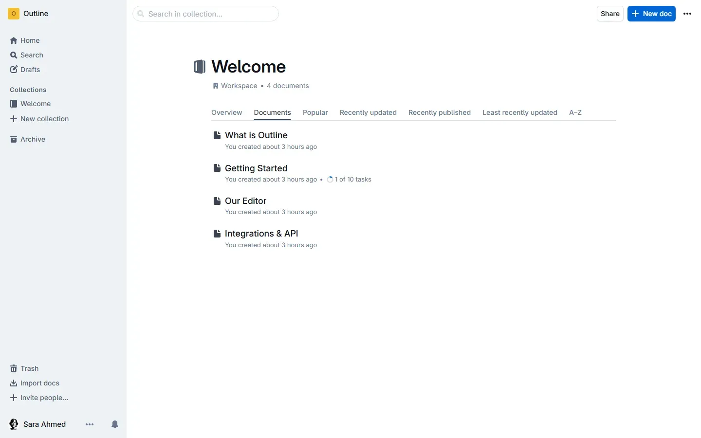 مساحة عمل Outline بعد أول دخول مع مجموعة Welcome ومستنداتها وحساب Sara Ahmed