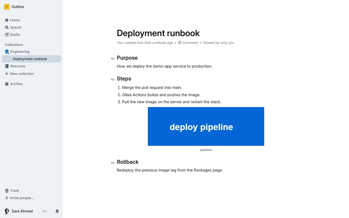 مستند Deployment runbook في مجموعة Engineering مع عناوين وقائمة خطوات وصورة مرفقة
