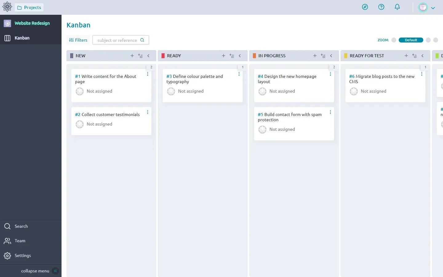 لوحة Kanban في Taiga وعليها قصص مستخدمين