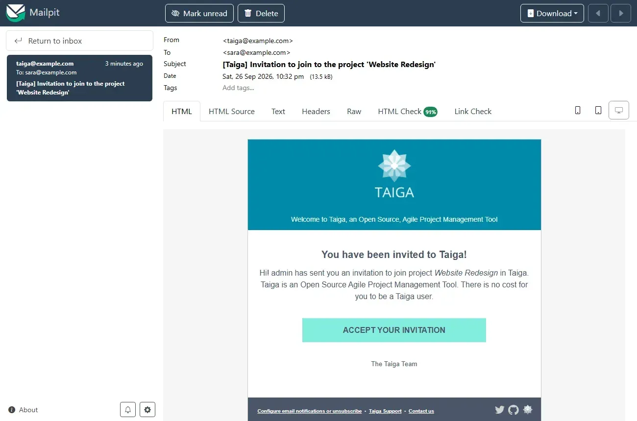 رسالة دعوة Taiga للانضمام إلى المشروع