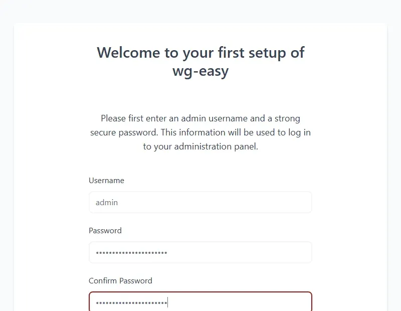 خطوة إنشاء حساب المدير في معالج إعداد wg-easy