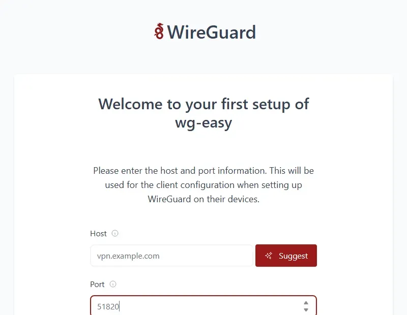 خطوة إدخال Host وPort في معالج wg-easy