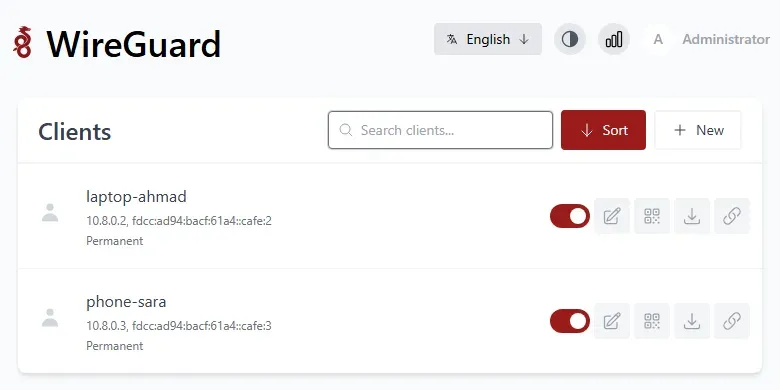 قائمة العملاء في wg-easy مع العناوين وأزرار التعديل وQR والتنزيل والرابط