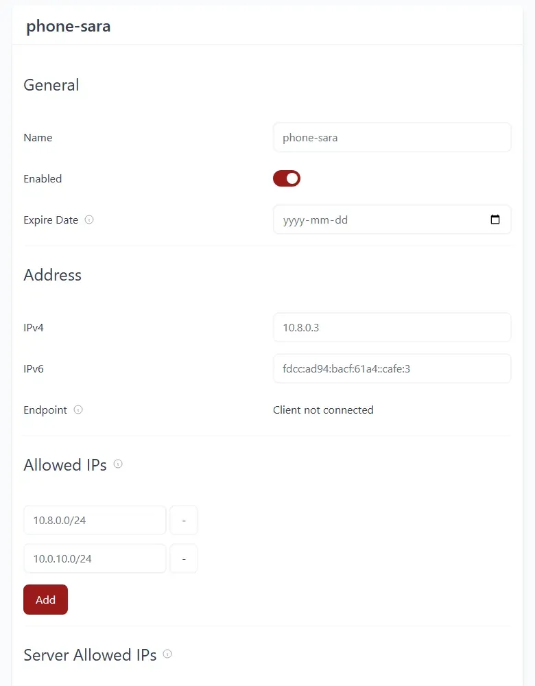 صفحة تعديل عميل في wg-easy مع Allowed IPs مخصصة لشبكتين