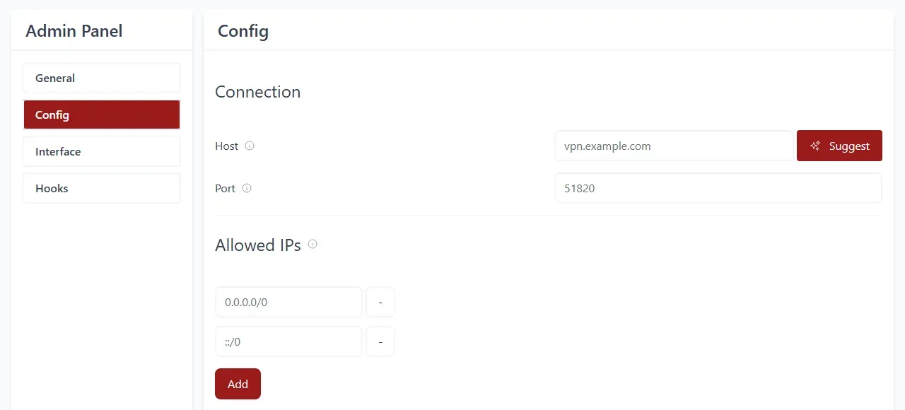 صفحة Config في لوحة إدارة wg-easy مع Host وPort وAllowed IPs وDNS