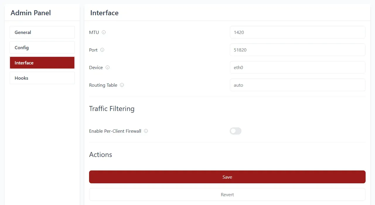 صفحة Interface في لوحة إدارة wg-easy مع MTU وPort وDevice وخيار Per-Client Firewall
