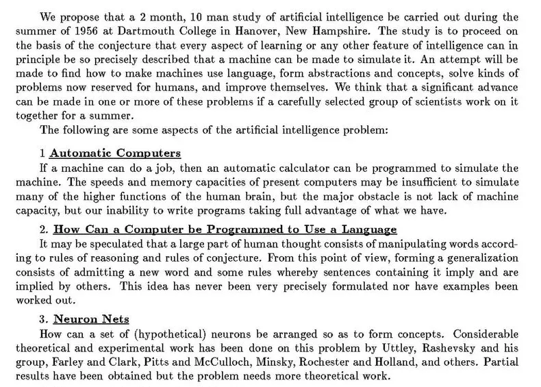 صفحة مطبوعة بالآلة الكاتبة من مقترح Dartmouth تبدأ بعبارة We propose that a 2 month, 10 man study of artificial intelligence be carried out during the summer of 1956، ثم قائمة بالمسائل: Automatic Computers وHow Can a Computer be Programmed to Use a Language وNeuron Nets
