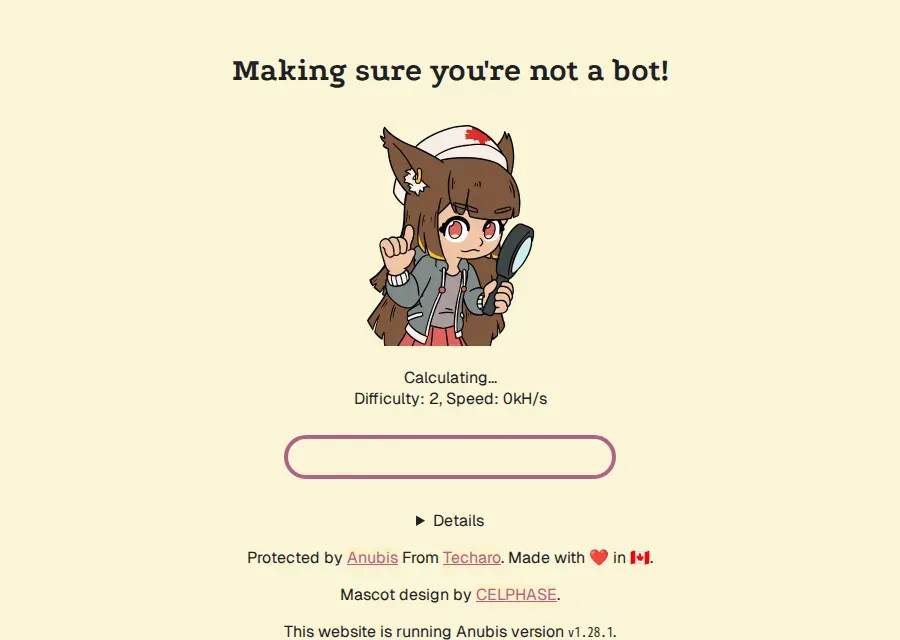 صفحة Anubis بعنوان Making sure you're not a bot! أثناء الحساب، وتحت العنوان الصعوبة 2 وشريط التقدم