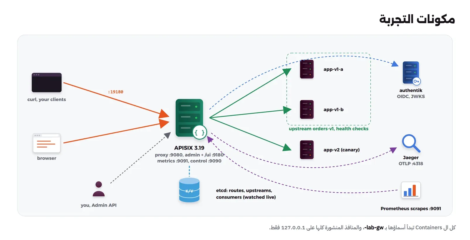 طرفية curl وعميل ومتصفح يتصلان على المنفذ 19180 بـ APISIX 3.19، وتحتها proxy :9080, admin + /ui :9180 وmetrics :9091, control :9090، وتحتها etcd مكتوب بجانبه routes, upstreams, consumers (watched live)، وشخص you, Admin API يتصل بـ APISIX. ومن APISIX أسهم خضراء إلى app-v1-a وapp-v1-b داخل مربع upstream orders-v1, health checks، وإلى app-v2 (canary). وأسهم متقطعة إلى authentik OIDC, JWKS وإلى Jaeger OTLP :4318، وPrometheus scrapes :9091