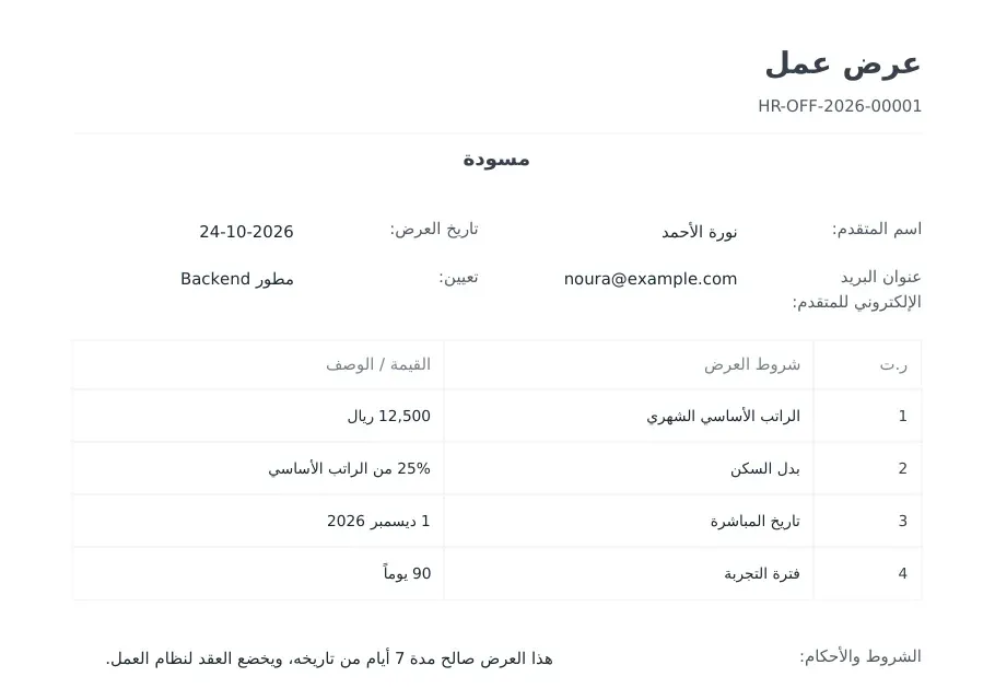 ملف PDF بعنوان عرض عمل HR-OFF-2026-00001 وعليه كلمة مسودة، واسم المتقدم نورة الأحمد وتاريخ العرض 24-10-2026 والبريد noura@example.com وتعيين مطور Backend، وجدول شروط العرض: الراتب الأساسي الشهري 12,500 ريال وبدل السكن 25 بالمئة من الراتب الأساسي وتاريخ المباشرة 1 ديسمبر 2026 وفترة التجربة 90 يوماً، والشروط والأحكام هذا العرض صالح مدة 7 أيام من تاريخه