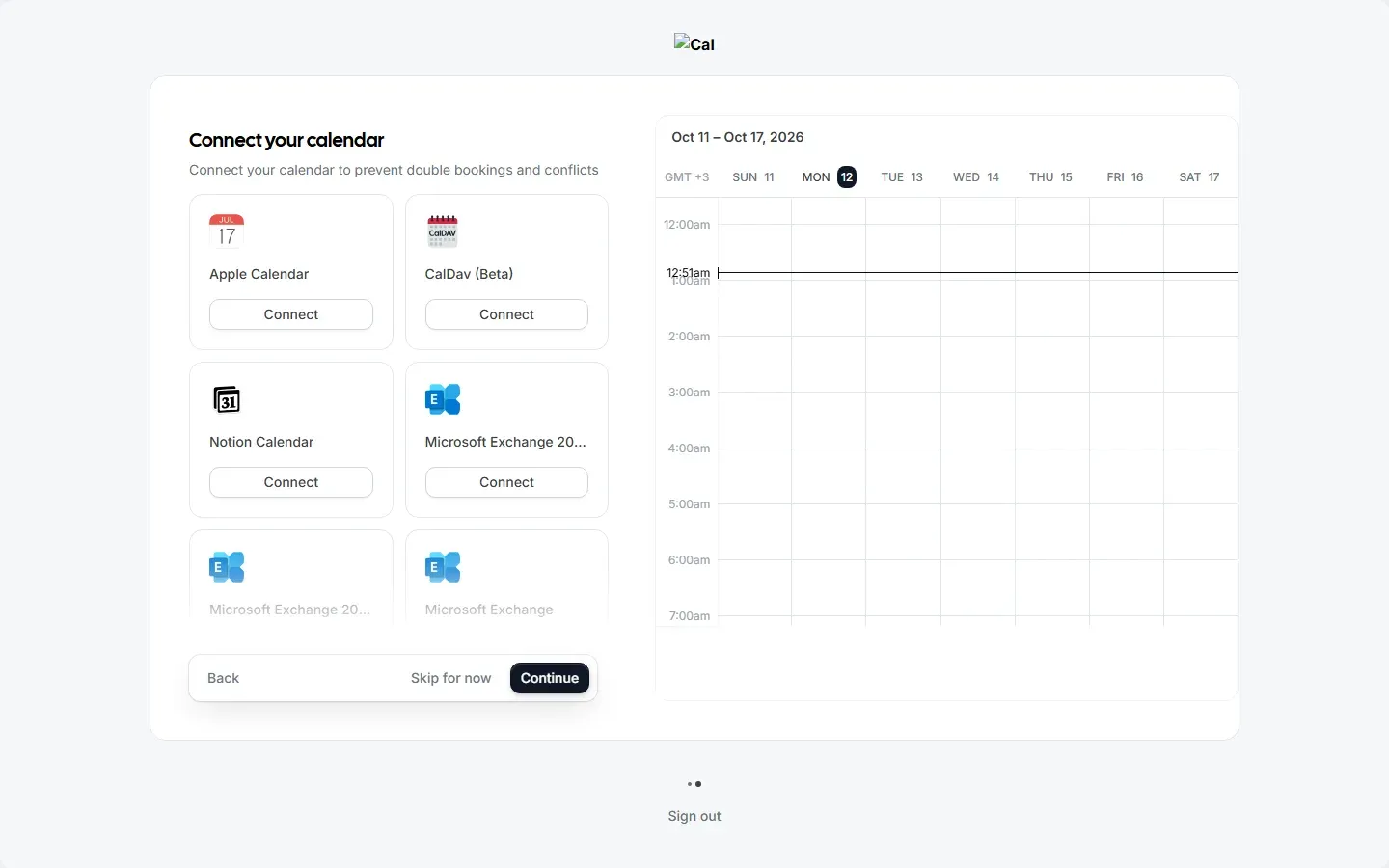 خطوة ربط التقويم في Cal.com، وفيها Apple Calendar وCalDav بيتا وNotion Calendar وMicrosoft Exchange وICS Feed، دون Google Calendar
