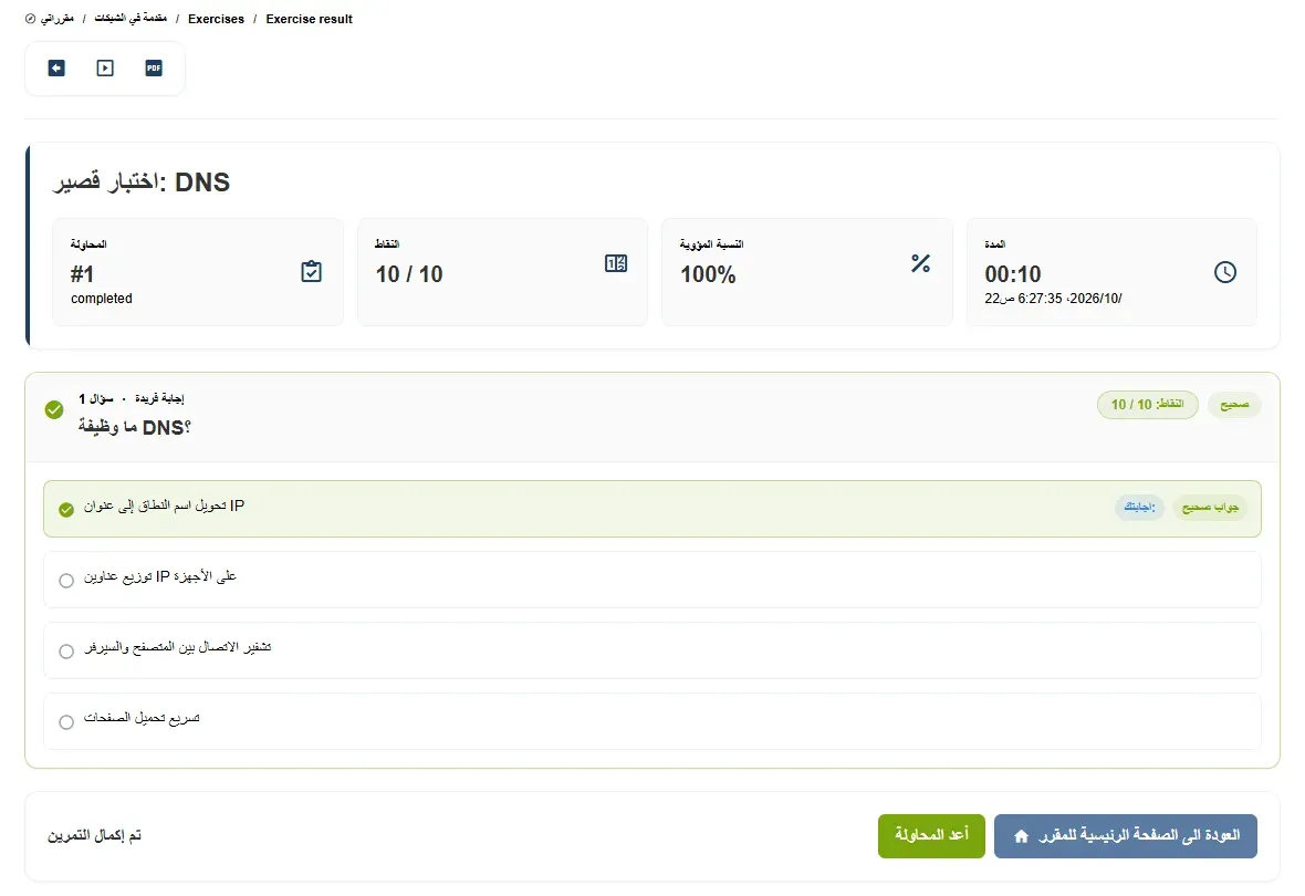 صفحة نتيجة اختبار قصير DNS للمتدرب في Chamilo: المحاولة رقم 1 بكلمة إنجليزية completed، والنقاط 10 من 10، والنسبة المئوية مكتوبة النسبة المؤوية 100%، والمدة 00:10، والسؤال الأول إجابة فريدة ما وظيفة DNS والخيار الصحيح تحويل اسم النطاق إلى عنوان IP بعلامة جواب صحيح، ومسار الصفحة بالإنجليزية Exercises وExercise result، وزرا أعد المحاولة والعودة إلى الصفحة الرئيسية للمقرر