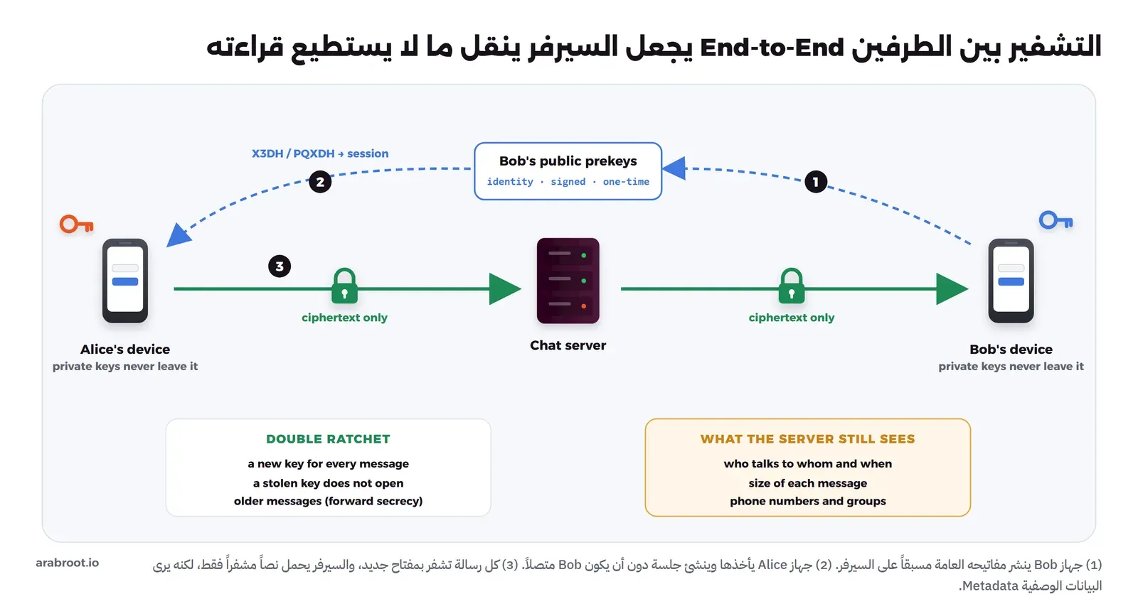 جهاز Alice وجهاز Bob ولكل منهما مفتاح خاص لا يخرج منه، وفي الوسط Chat server. الخطوة 1 جهاز Bob يرفع مفاتيحه العامة المسبقة identity وsigned وone-time إلى السيرفر، والخطوة 2 جهاز Alice يأخذها وينشئ جلسة بطريقة X3DH أو PQXDH، والخطوة 3 الرسائل تمر عبر السيرفر نصاً مشفراً فقط. وفي الأسفل مربع DOUBLE RATCHET يقول مفتاح جديد لكل رسالة وسرقة مفتاح لا تفتح الرسائل الأقدم، ومربع برتقالي بما يراه السيرفر رغم ذلك: من يتحدث مع من ومتى، وحجم كل رسالة، وأرقام الهواتف والمجموعات