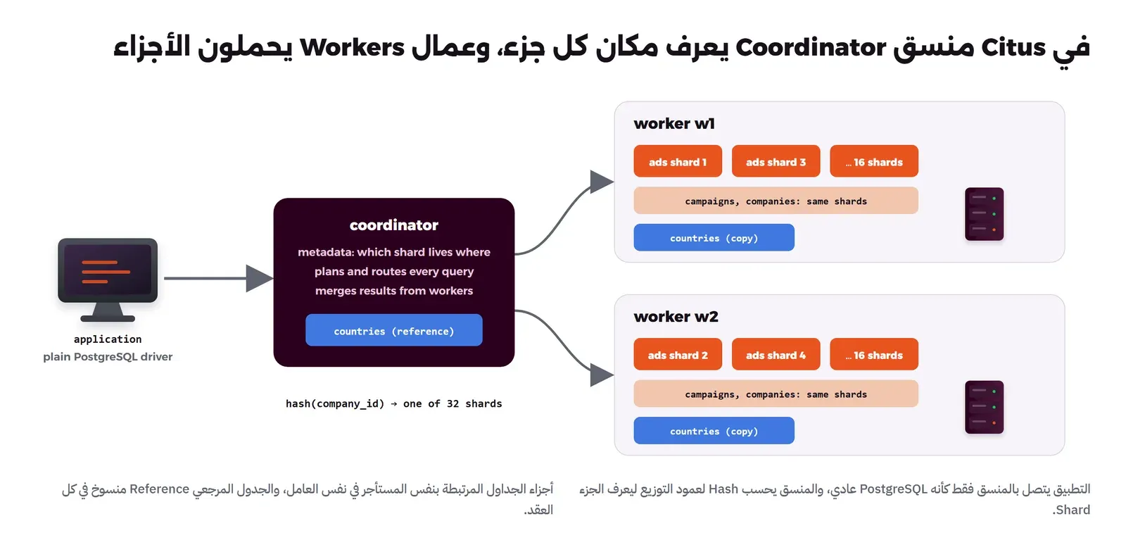 التطبيق يتصل بالمنسق coordinator عبر برنامج اتصال PostgreSQL عادي، والمنسق يحفظ مكان كل جزء ويخطط الاستعلامات ويجمع النتائج وفيه نسخة من الجدول المرجعي countries، ويرسل إلى عاملين w1 وw2، في كل منهما 16 جزءاً من جدول ads مع أجزاء campaigns وcompanies المقابلة لها، ونسخة من جدول countries، وتحت المنسق hash(company_id) يحدد واحداً من 32 جزءاً