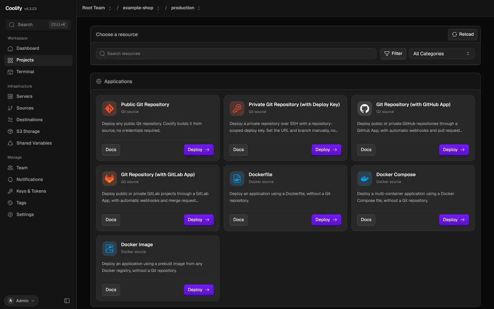صفحة Choose a resource في Coolify تعرض طرق النشر من Git وDockerfile وDocker Compose وDocker Image