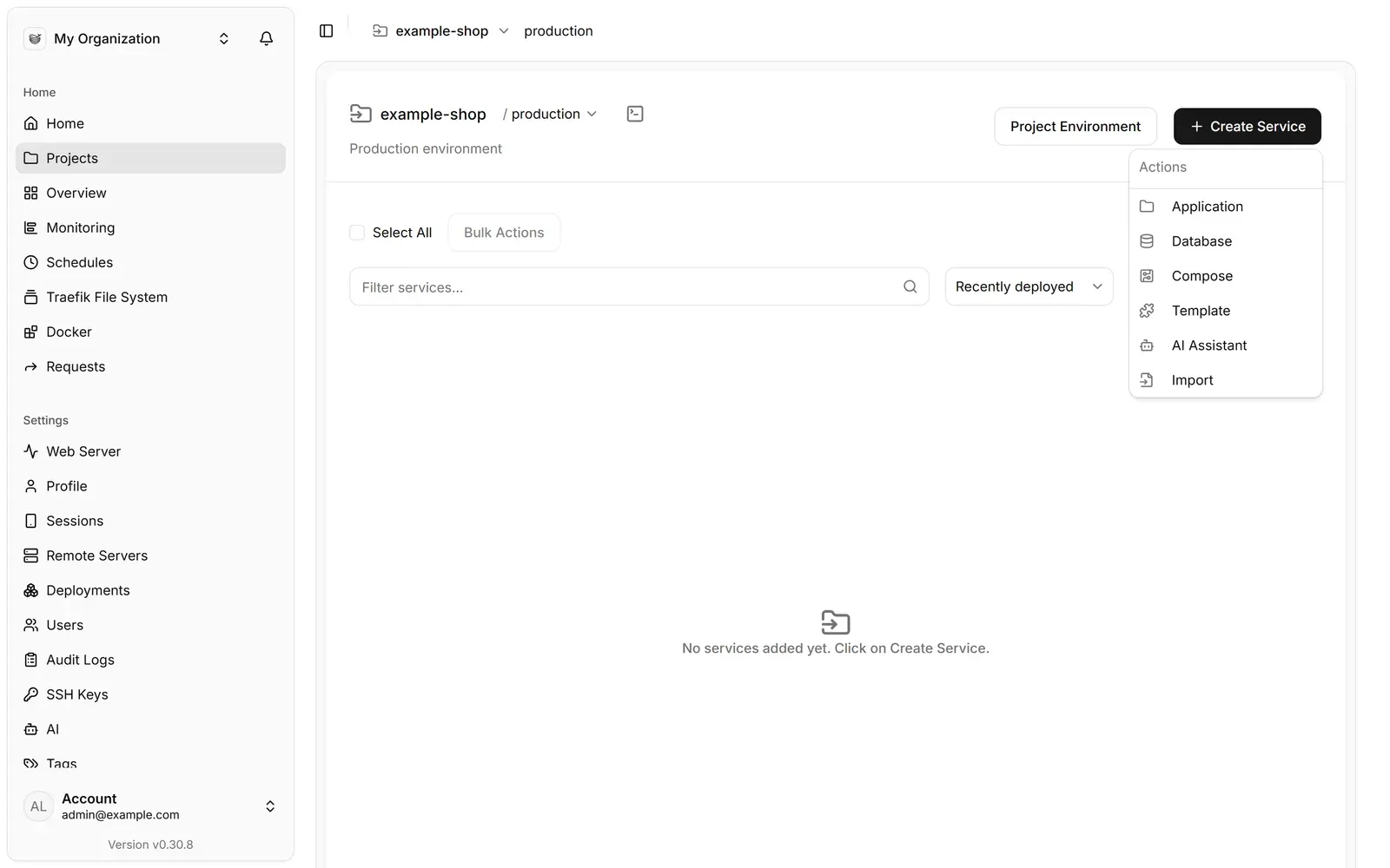 صفحة مشروع في Dokploy مع قائمة Create Service وفيها Application وDatabase وCompose وTemplate