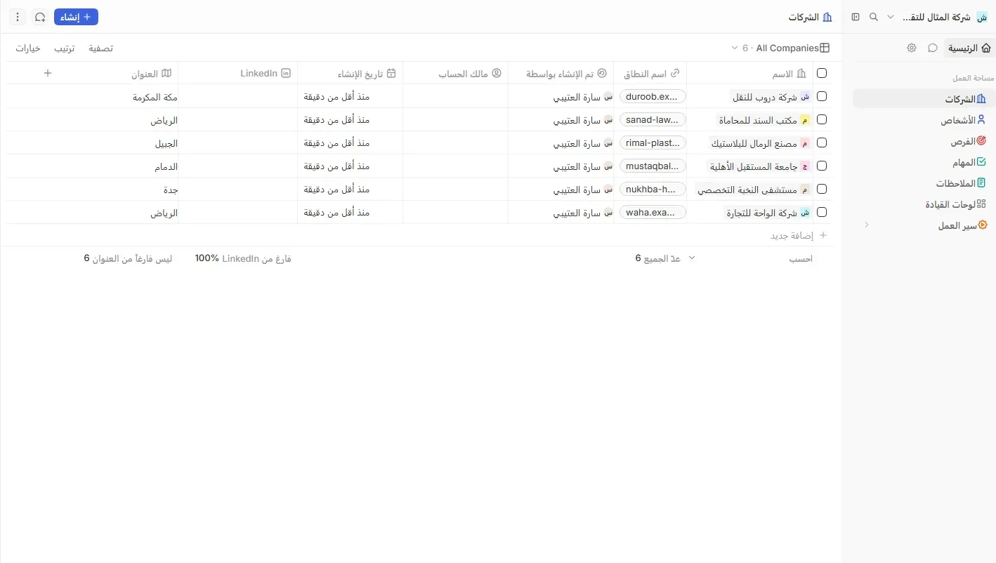 قائمة الشركات في Twenty بعد الاستيراد، ست شركات بأسماء عربية ونطاقاتها والمدن الرياض وجدة والدمام والجبيل ومكة المكرمة، وعمود تم الإنشاء بواسطة باسم المستخدم