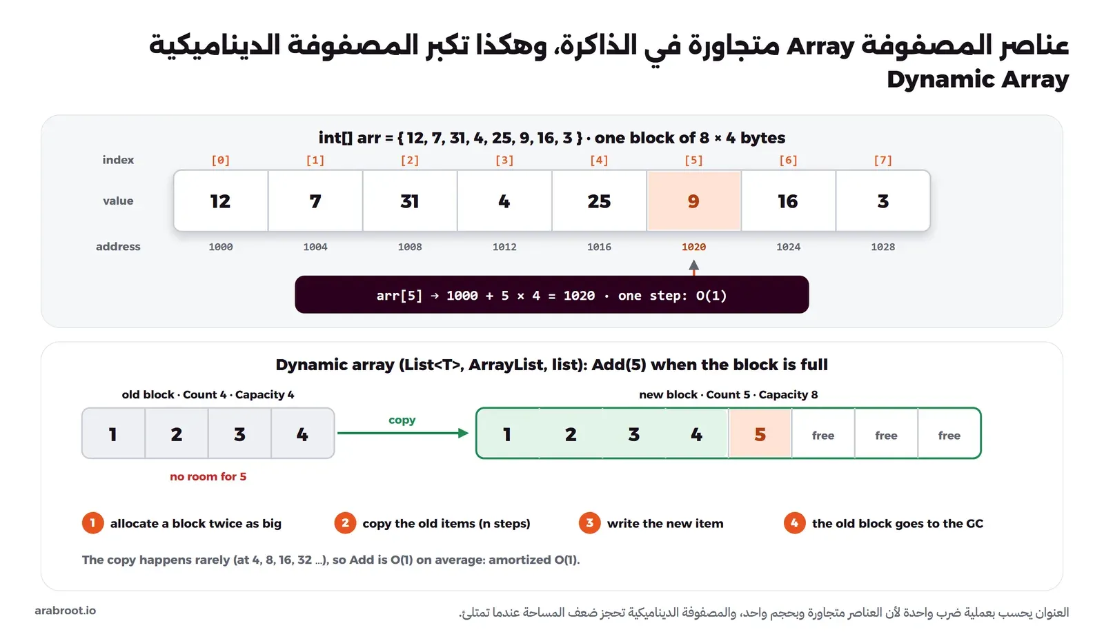 مصفوفة من ثمانية أعداد في خانات متجاورة عناوينها من 1000 إلى 1028 بفارق أربعة بايتات، وصندوق يحسب عنوان العنصر الخامس 1000 زائد 5 ضرب 4 يساوي 1020 في خطوة واحدة، وتحتها مصفوفة ديناميكية ممتلئة بأربعة عناصر تنسخ إلى كتلة جديدة بسعة ثمانية مع أربع خطوات مرقمة: حجز كتلة بضعف الحجم ونسخ العناصر وكتابة العنصر الجديد وترك الكتلة القديمة لجامع القمامة