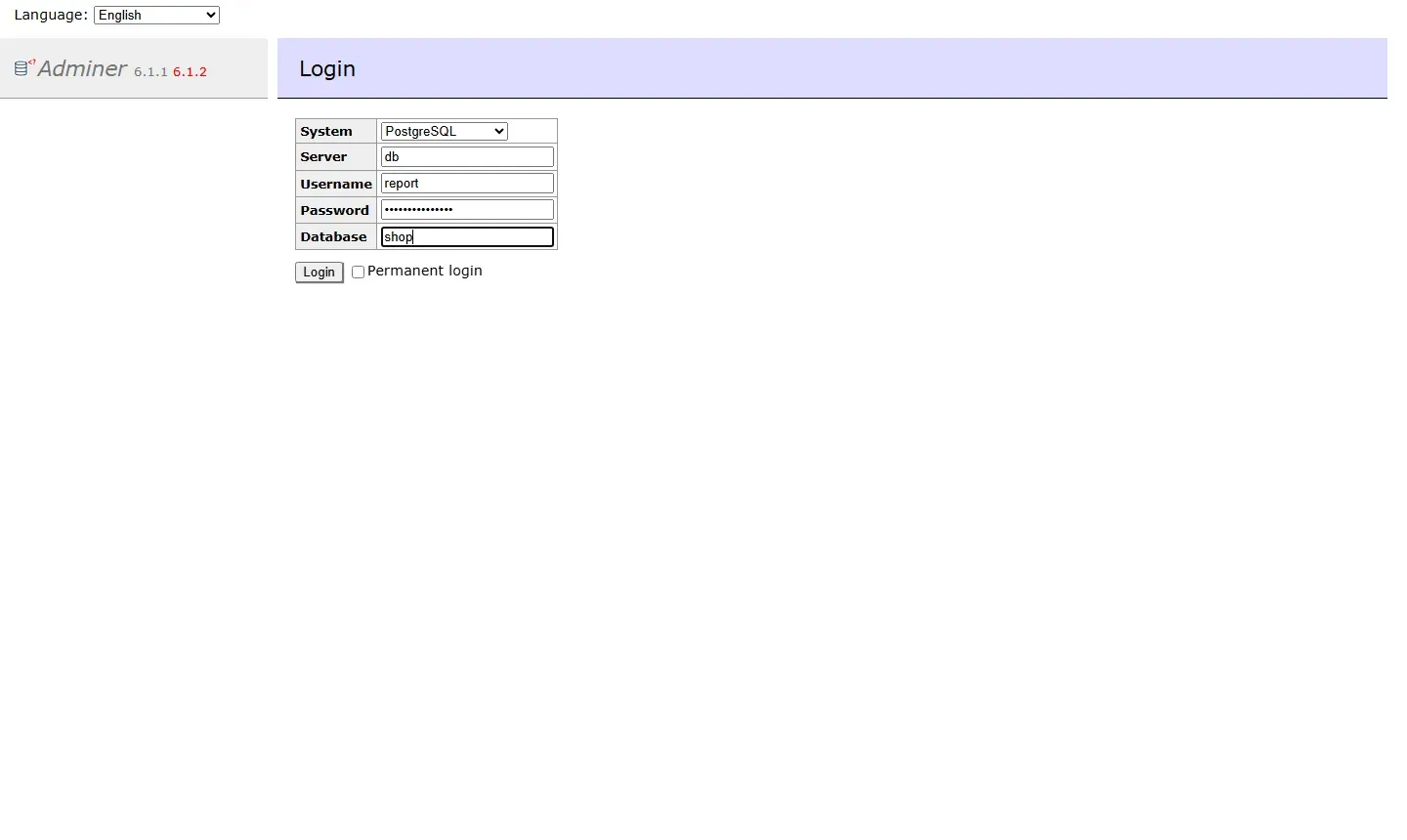 شاشة دخول Adminer 6.1.1 فيها System مضبوط على PostgreSQL وServer مكتوب فيه db وUsername مكتوب فيه report وكلمة مرور مخفية وDatabase مكتوب فيه shop، وبجانب رقم الإصدار رقم 6.1.2 بالأحمر