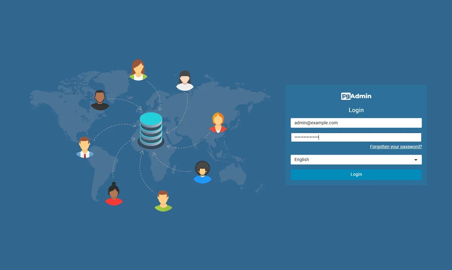 شاشة دخول pgAdmin 4 فيها حقل البريد admin@example.com وحقل كلمة المرور