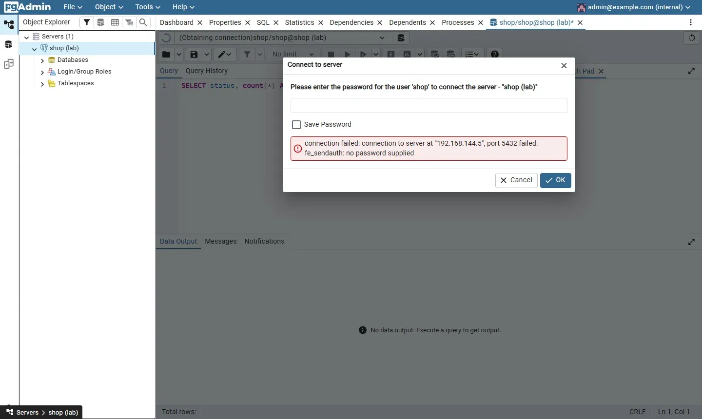 نافذة Connect to server في pgAdmin تطلب كلمة مرور المستخدم shop للسيرفر shop (lab)، مع خيار Save Password غير محدد، ورسالة خطأ connection failed fe_sendauth no password supplied