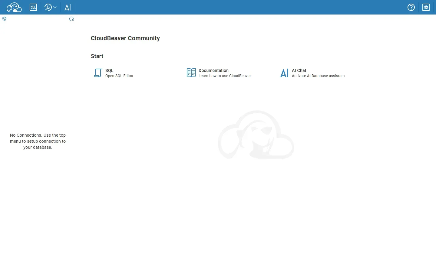 الصفحة الرئيسية لـ CloudBeaver Community دون تسجيل دخول، فيها اختصارات SQL وDocumentation وAI Chat، وعلى اليسار رسالة No Connections