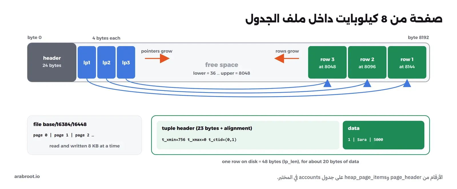 صفحة PostgreSQL بحجم 8192 بايت: ترويسة 24 بايت، ثم ثلاثة مؤشرات lp1 وlp2 وlp3 تنتهي عند البايت 36، ثم مساحة فارغة، ثم ثلاثة صفوف من آخر الصفحة عند 8048 و8096 و8144، وكل صف فيه ترويسة بالحقول xmin وxmax وctid ثم البيانات