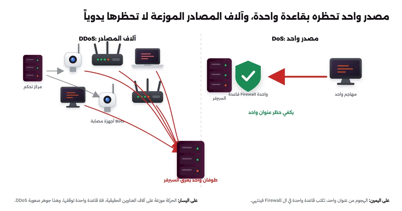 على اليمين مهاجم واحد بسهم واحد إلى السيرفر يحظر بقاعدة جدار ناري واحدة. على اليسار جهاز تحكم يوجه آلاف الأجهزة المصابة Bots من حواسيب وكاميرات وراوترات، وكلها ترسل سهاماً صغيرة تتجمع في طوفان واحد يغرق السيرفر، ولا يمكن حظرها بقاعدة واحدة