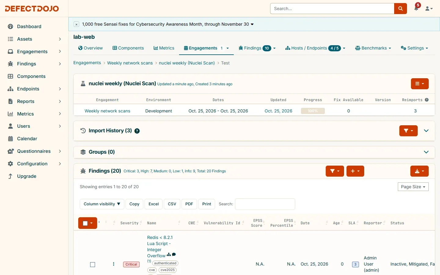 صفحة اختبار Nuclei في DefectDojo تعرض النتائج مصنفة بالخطورة مع تاريخ الاستيراد وعدد مرات إعادة الاستيراد
