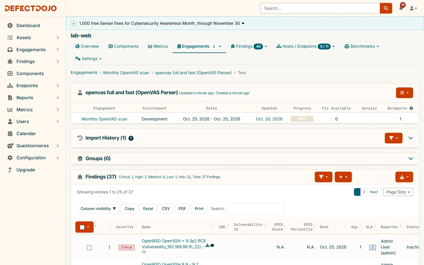 صفحة اختبار OpenVAS في DefectDojo تعرض 37 نتيجة: حرجتان وعاليتان وست متوسطة وخمس منخفضة واثنتان وعشرون معلومة، وعنوان أول نتيجة يحمل عنوان السيرفر والمنفذ
