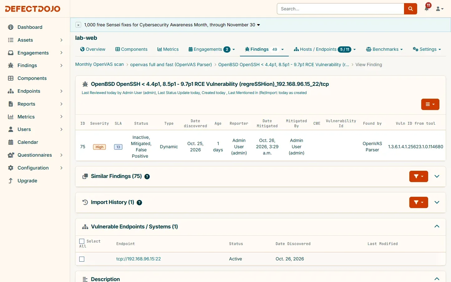 نتيجة regreSSHion من OpenVAS في DefectDojo بحالة Inactive وMitigated وFalse Positive، وفي عمود Vuln ID from tool معرف اختبار OpenVAS 1.3.6.1.4.1.25623.1.0.114680
