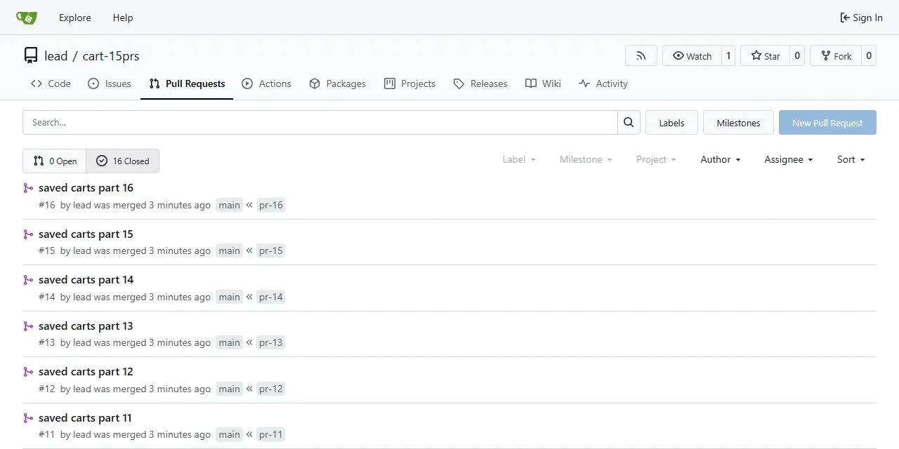 صفحة Pull Requests في مستودع lead/cart-15prs في Gitea وفيها 16 طلباً مغلقاً بأسماء saved carts part 16 إلى part 7 ظاهرة، كلها مدمجة من فروع pr-16 وما قبلها إلى main
