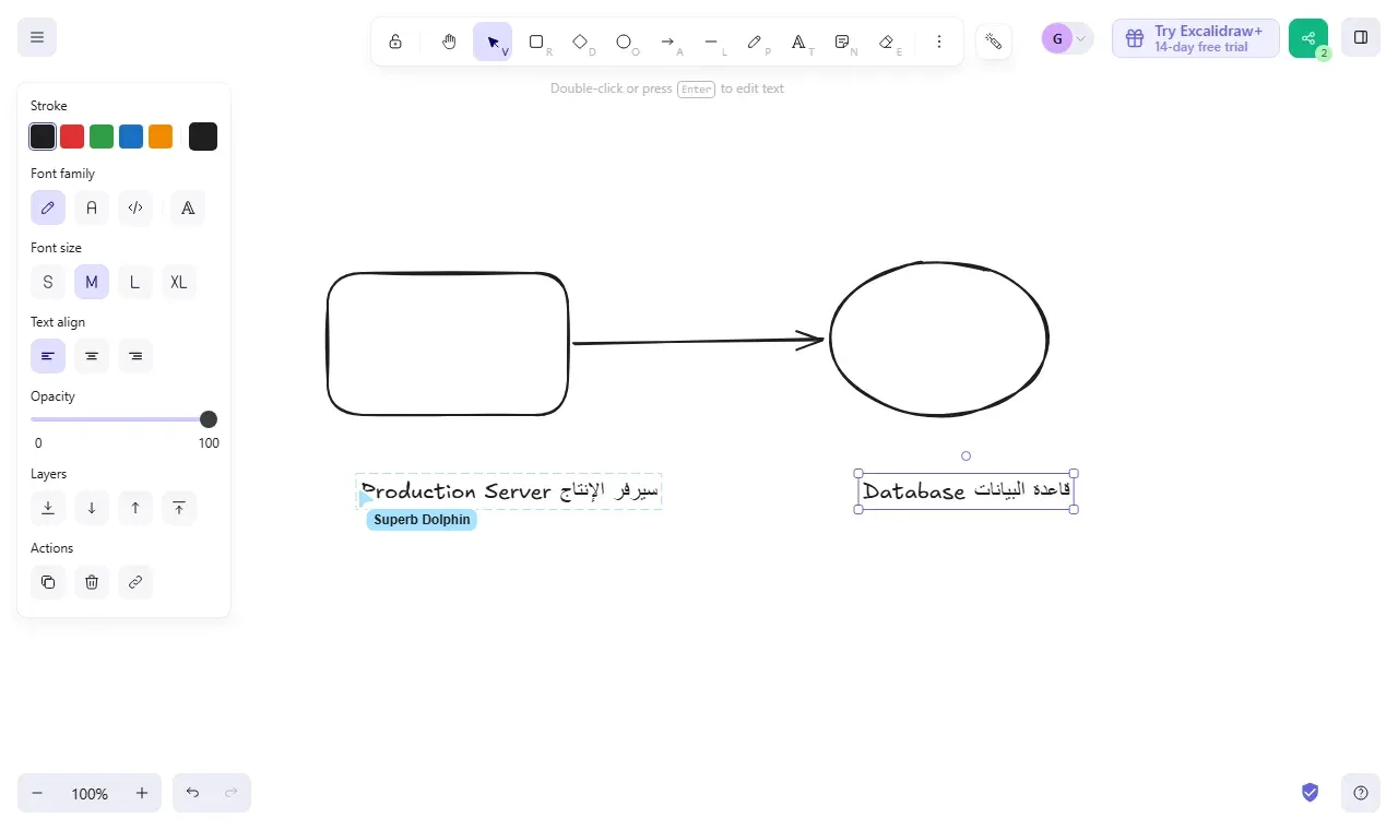واجهة Excalidraw على سيرفرنا: مستطيل وسهم وشكل بيضاوي مرسومة بخط يشبه اليد، وتحتها نصان سيرفر الإنتاج Production Server وقاعدة البيانات Database، ومؤشر مستخدم آخر باسم Superb Dolphin، وعلى اليمين في الأعلى زر المشاركة عليه الرقم 2