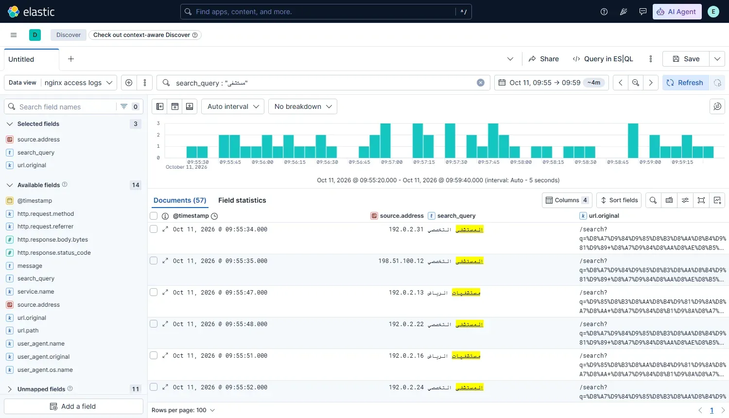 شاشة Discover في Kibana والاستعلام search_query يساوي مستشفى، وعدد المستندات 57، وفي عمود search_query تظهر عبارات المستشفى التخصصي ومستشفيات الرياض والكلمة المطابقة مظللة بالأصفر، وبجانبها عمود url.original بالرابط المرمز