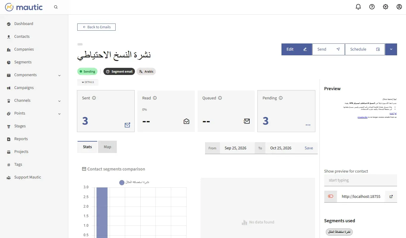 صفحة رسالة نشرة النسخ الاحتياطي في Mautic 7.2.1: الحالة Sending ونوعها Segment email واللغة Arabic، وعدد المرسل 3، ومعاينة الرسالة العربية من اليمين إلى اليسار، والقطاع المستخدم نشرة استضافة المثال