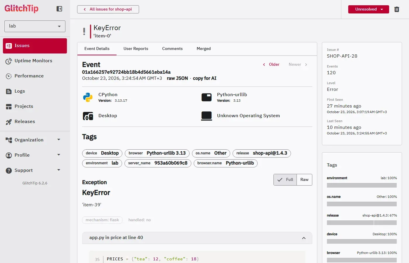 صفحة مشكلة في GlitchTip 6.2.6 بعنوان KeyError item-0 للمشروع shop-api، فيها معرف الحدث وCPython 3.13.17 والعلامات Tags: release shop-api@1.4.3 وenvironment lab وserver_name، والاستثناء KeyError بقيمة item-39 مع آلية flask وhandled no، وإطار app.py في الدالة price عند السطر 40 مع الكود، وعلى اليمين رقم المشكلة SHOP-API-28 وعدد الأحداث 120 وأول ظهور وآخر ظهور