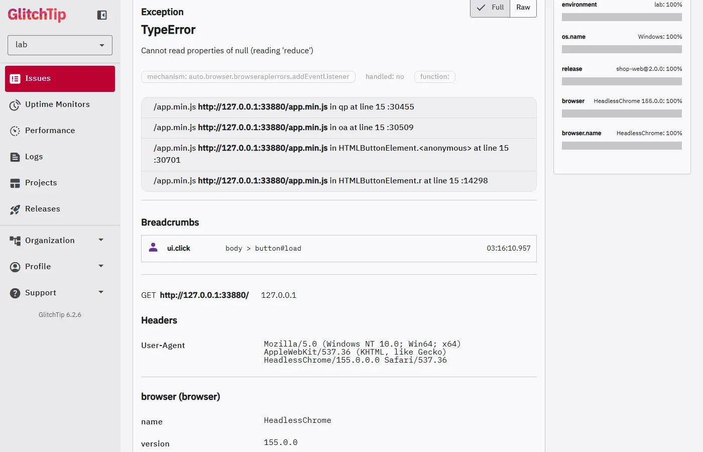 الاستثناء TypeError Cannot read properties of null reading reduce في GlitchTip، وال Stack Trace فيه أربعة إطارات كلها في app.min.js عند السطر 15: الدالة qp عند العمود 30455 والدالة oa عند 30509 وHTMLButtonElement.anonymous عند 30701 وHTMLButtonElement.r عند 14298، وتحته Breadcrumbs فيها ui.click على body ثم button#load