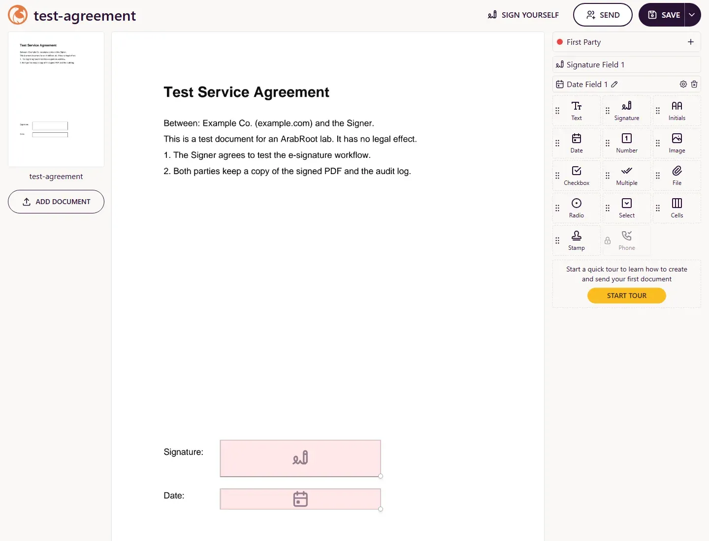 محرر القوالب في DocuSeal وفيه ملف Test Service Agreement وحقل توقيع وحقل تاريخ في مكانهما، وعلى اليمين قائمة أنواع الحقول وحقلا Signature Field 1 وDate Field 1
