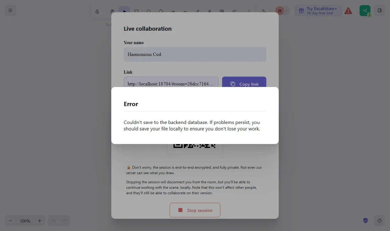 نافذة Live collaboration فيها الاسم Harmonious Cod ورابط http://localhost:18704/#room= وزر Copy link، وفوقها رسالة Error تقول Couldn't save to the backend database. If problems persist, you should save your file locally to ensure you don't lose your work، وفي الأعلى علامة تحذير حمراء