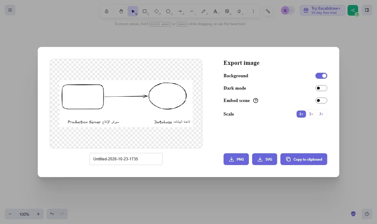 نافذة Export image فيها معاينة للنص قاعدة البيانات Database، وخيارات Only selected وBackground وDark mode وEmbed scene وScale بقيم 1x و2x و3x، وأزرار PNG وSVG وCopy to clipboard