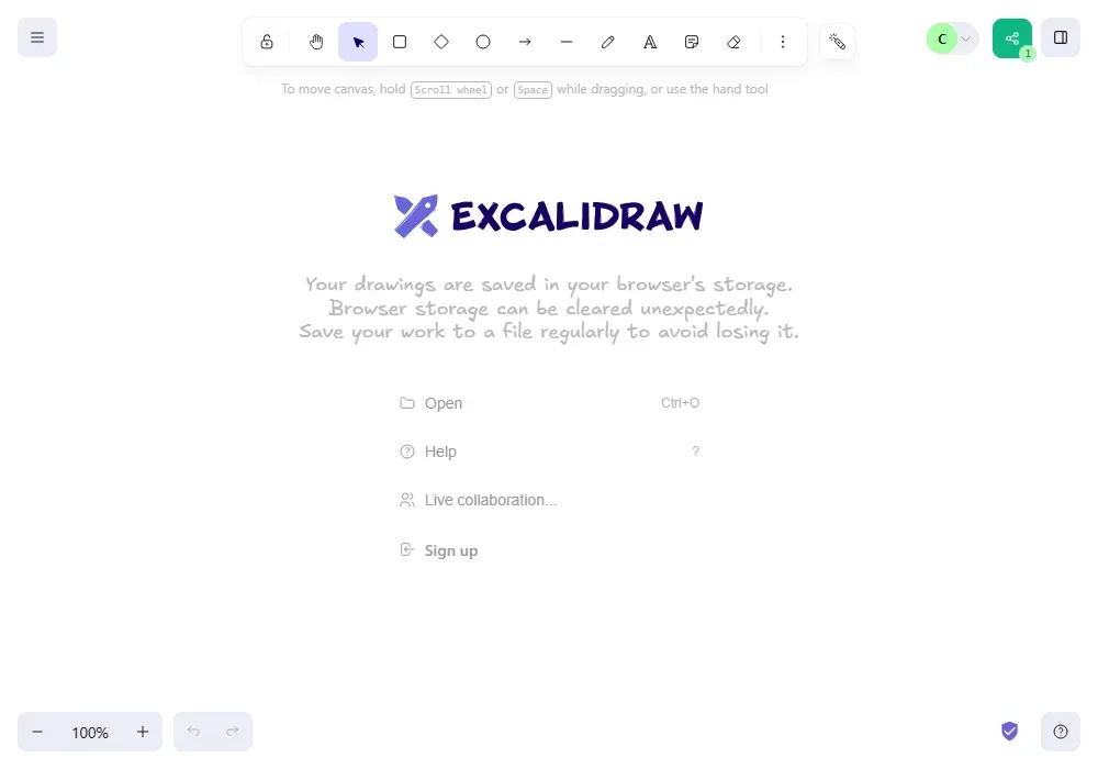 لوحة Excalidraw فارغة فيها شاشة الترحيب وعبارة Your drawings are saved in your browser's storage وخيارات Open وHelp وLive collaboration، وعلى زر المشاركة الرقم 1