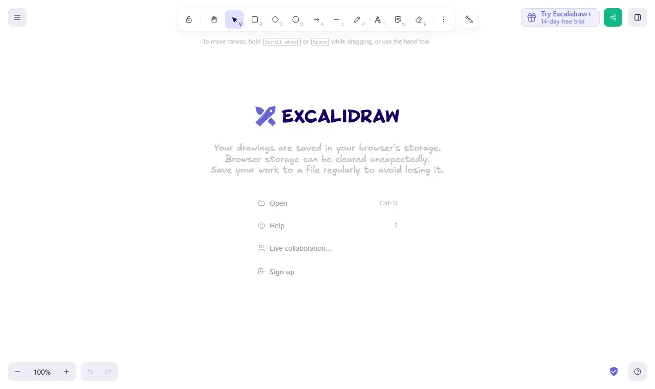 لوحة Excalidraw بشاشة الترحيب، وزر المشاركة الأخضر في الأعلى بدون أي رقم عليه، ولا توجد رسالة خطأ