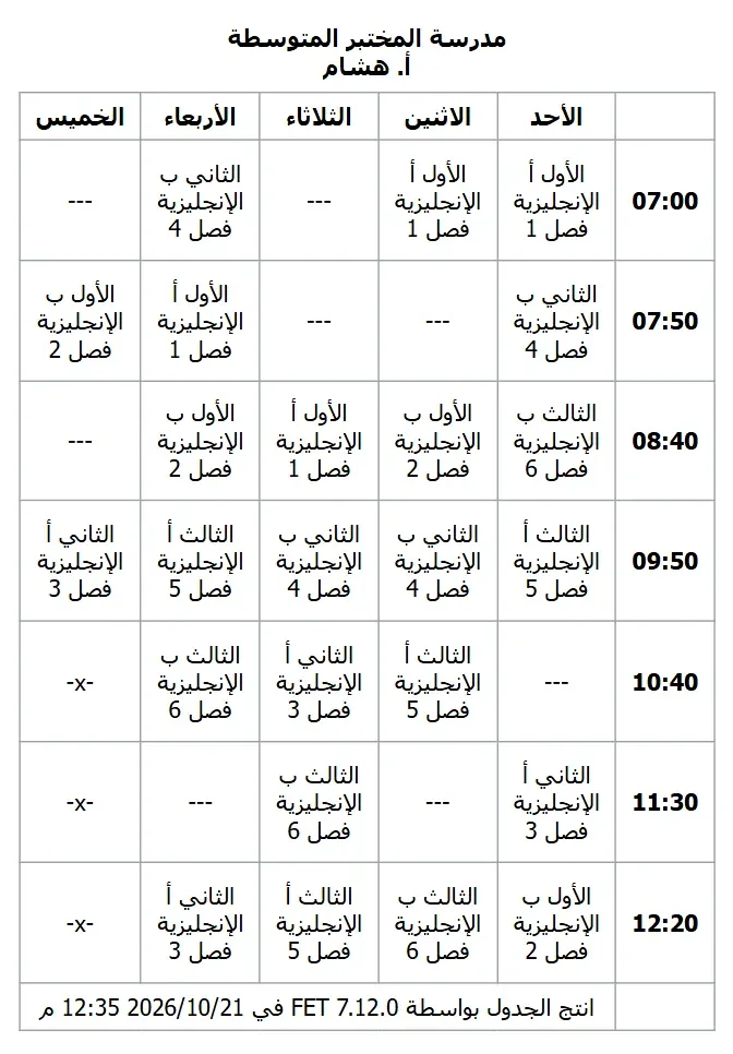 جدول المعلم أ. هشام من مخرجات FET: 24 حصة إنجليزية للفصول الستة موزعة على الأيام الخمسة، وفي خانات يوم الخميس من 10:40 إلى 12:20 العلامة -x- لأنه غير متاح، وفي الخانات الفارغة ثلاث شرطات