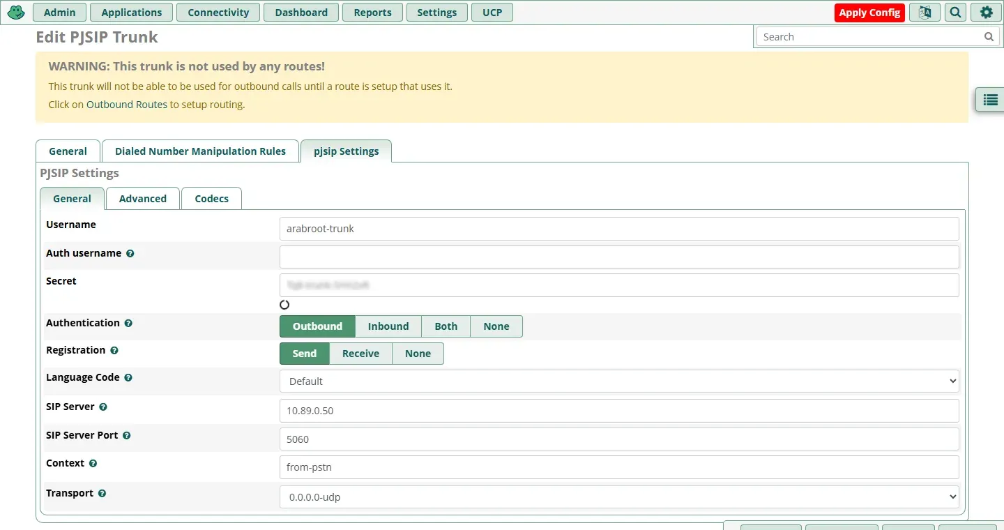 التبويب pjsip Settings في نموذج الخط فيه Username arabroot-trunk وSecret وAuthentication على Outbound وRegistration على Send وSIP Server 10.89.0.50 والمنفذ 5060 وContext from-pstn