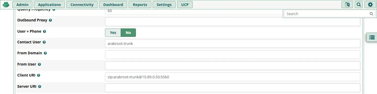 التبويب Advanced في إعدادات الخط فيه Contact User arabroot-trunk وFrom User فارغ وClient URI sip:arabroot-trunk@10.89.0.50:5060، مع خيارات Send RPID/PAI وTrust RPID/PAI