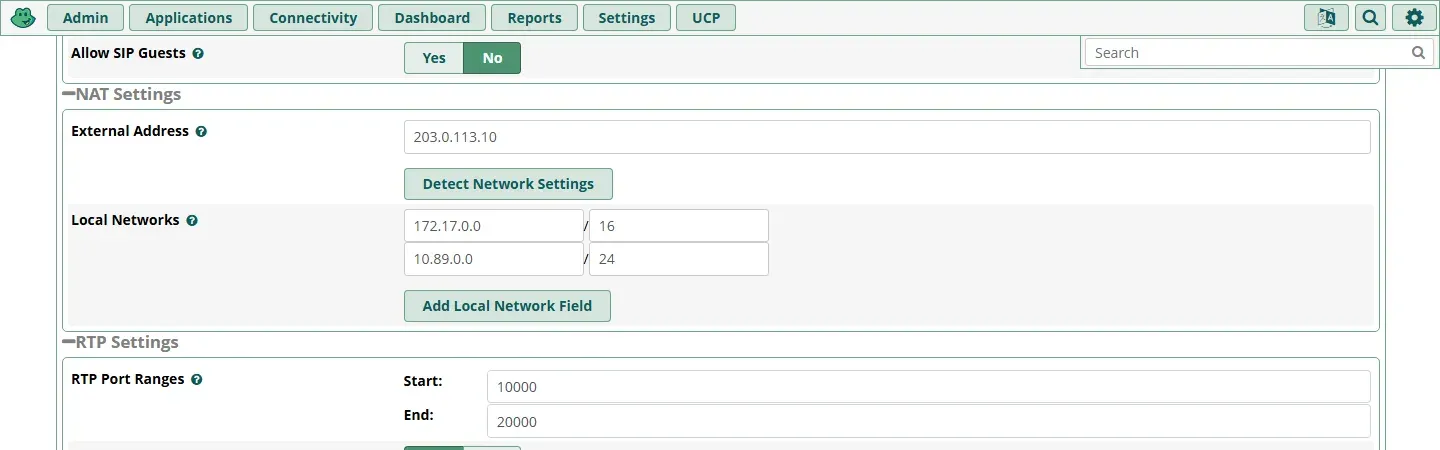 قسم NAT Settings في Asterisk SIP Settings فيه External Address 203.0.113.10 وزر Detect Network Settings، وLocal Networks فيها 172.17.0.0/16 و10.89.0.0/24 وزر Add Local Network Field