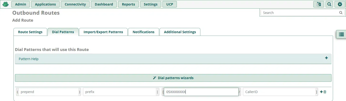 التبويب Dial Patterns فيه حقول prepend وprefix والنمط 05XXXXXXXX وCallerID
