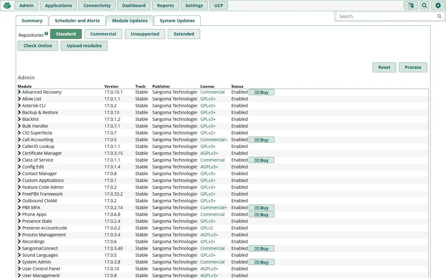 صفحة Module Updates في FreePBX فيها قائمة الوحدات مع الإصدار والناشر Sangoma Technologies والترخيص والحالة، ووحدات مثل Advanced Recovery وCall Accounting وClass of Service وPBX MFA وPhone Apps وSangomaConnect وSystem Admin ترخيصها Commercial وبجانبها زر Buy، ووحدات مثل Backup وAsterisk CLI وCertificate Manager ترخيصها GPLv3+ أو AGPLv3+