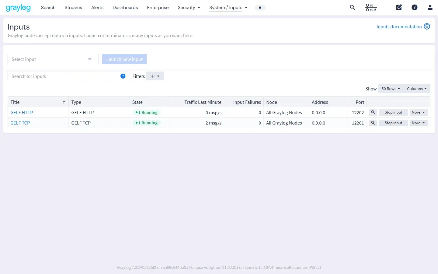 صفحة Inputs في Graylog 7.2 وفيها مدخلان يعملان: GELF HTTP على المنفذ 12202 وGELF TCP على المنفذ 12201 لكل عقد Graylog، مع أزرار Stop input وMore